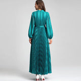 Vintage Style V-Neck Lantern Long-Sleeved With Blue Folded Dress Dress Dress Women's New Autumn/Winter 2024 68HZ