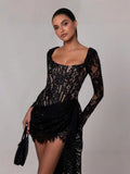 Long-Sleeved Sexy Lace Fish Bone Girded Waist Dress Autumn And Winter New Short Dress 68HZ