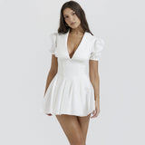 New Sexy Deep V Bubble Sleeve White Bow Short Skirt To Thin French Dress Women's Dress 68HZ