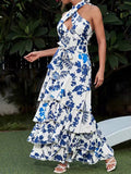 French Temperament Elegant Wind 2025 Spring New Strap High-Waisted Flower Swinging Leaves Side Cake Dress Dress 68HZ