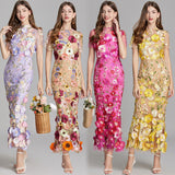 Temperament Court Style Heavy Industry Three-Dimensional Flower Net Embroidery Bagted Hip Dress French Fishtail Dress Woman 68HZ