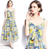 Summer Show Lemon Blue And White Porcelain Print Bows To Collect Waist Thin Holiday Style Long Hanging Dress 68HZ