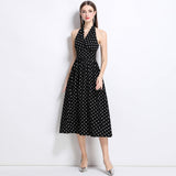 French Retro Sleeveless Dress Wave Point Small Bare Back V Collar Hanging Neck Tea Break Skirt Hong Kong Wind Girl Summer 2025 68HZ