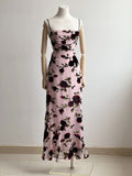 Small Trendy Sweet Romantic Pink Rose Floral Dress Chic Design Feel-Back Strap Strapped Skirt Seaside 68HZ