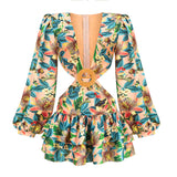 New High-End Women's Clothing Deep V Pile Sleeve Sexy Skirt Temperament Hollow Elegant Dress 68HZ