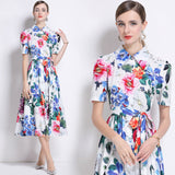 Short-Sleeved Print Dress 2025 Summer New Lapel Belt Repair Over Knee Skirt Yellow Dress 68HZ