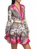 Bohemian Wind Print Lotus Leaf-Side Dress 2025 Summer New V-Neck Lantern Sleeves To Close The Waist Thin Skirt Woman 68HZ