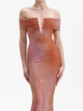 New Fashion Dress Elegant V-Neck Sexy Hot Diamond Into Shoulder Sleeve Banquet Dress Bodyd Women 68HZ