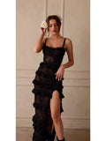 Spring And Summer Sexy Bare Back Sling Lace Perspective Shoulder Wave Repair Side Of The Skirt Dress 68HZ