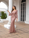 2024 New Fashion V-Necked Hips Brighten Dress Mid-Waisted Horn Sleeve Long Evening Dress 68HZ