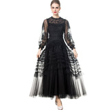 Heavy Industry Water-Soluble Flowers Hollow Long-Sleeved Lotus Side Princess Wind Black Dress New Women's Spring And Summer 2025 68HZ