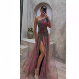 Summer New Women's Sexy Slant Shoulder Shoulder Long Sleeve Broken Flower Dress Dress High-End Big Swing Flowers 68HZ