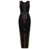Heavy Industry Nail Pearl Dress Long Round-Neck Sleeveless Metal Buckle Beads After Opening Banquet Banding Dress 68HZ