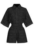 2025 New Embroidery Hook Design Medium Long-Sleeved Shirt Top + Casual High-Waist Shorts Fashion Two-Piece Set Of Women 68HZ