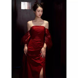 Red Toasting Female Senior Sense Bride Shoulder French Light Luxury High-End Engagement Dress Temperament 68HZ
