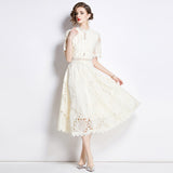 French High-End Lace Splicing Round Collar Dress Women's New Summer Waist Thin Temperament Big Swing Dress Dress 68HZ