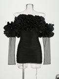 Women's New Flower Decoration Sexy Corset Dress Perspective Mesh Long-Sleeved Ass Skirt Dress 68HZ