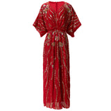 Heavy Industry Lienu Embroidered Nail Pearl Bat Sleeve Red Packed Buffet Long Dress Dress Summer Autumn Women's Dress 2024 68HZ