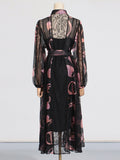 Temperament Waist Display Thin Dress 2025 New Collar Printing Design Lace Long Dress Dress Women's Summer 68HZ