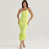 Women's Green French Sling Dress Women's Ostrich Hair Splicing Temperament High-End Thin Sling Skirt 68HZ