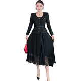 Vintage Wind Round Neck Heavy Industry Nails Button Pressure Folded Black Coarse Flowers Dress Women's Spring And Autumn 2025 68HZ