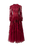 Spring And Autumn 2024 New Round Collar Retro Embroidery Weaving Mesh Wood Ear Heavy Industry Dress Dress Dress Woman 68HZ