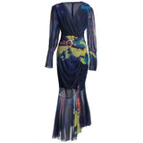 Sexy V-Neck Long-Sleeved Elegant Print Irregular Fishtail Dress Dress Women's Autumn New 2025 68HZ