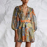 French Retro-Print Dress 2025 New Temperament V Tie Collar Collar Slimming Short Skirt Woman 68HZ
