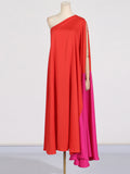 Elegance Elegant Dress 2025 Spring New Slant Shoulder Splicing Colliding Color Niche Personality Loose Body Dress Dress Woman 68HZ