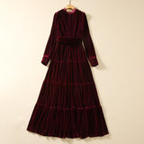Fashion Hollow Embroidered Long-Sleeved Wine Red Velvet Princess Dress Dress Autumn And Winter Women's Dress New 2025 68HZ