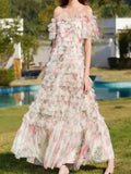 Vintage Thousand Gold Wind Heavy Industry Layer Folding Net Yarn Ear Cake Dress Color Print Waist Elastic Dress 68HZ