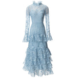 Vintage Style Collar Horn Long-Sleeved Water-So-Hook Flower Pink Dress Dress Summer And Autumn Women's New 2024 68HZ