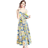 Summer Show Lemon Blue And White Porcelain Print Bows To Collect Waist Thin Holiday Style Long Hanging Dress 68HZ