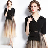 Black Dress Famous Temperament Thin Fake Two Suit Mesh Splicing Long Skirt 68HZ