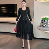 Vintage Wind Round Neck Heavy Industry Nails Button Pressure Folded Black Coarse Flowers Dress Women's Spring And Autumn 2025 68HZ