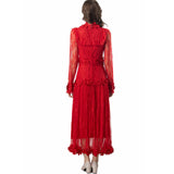 Heavy Industry Three-Dimensional Flower Collared Long-Sleeved Lace-Bum Dress Princess Dress Autumn And Winter Women's Dress New 2024 68HZ