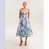 2024 French Super Fairy Holiday Sling Belt Sleeveless Waist-Free Blue Printed Dress Body-Drag Skirt 68HZ