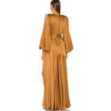 High-End Women's Deep V Shoulder Decoration Trumpet Sleeves Under The Open Fork Elegant Long Dress 68HZ