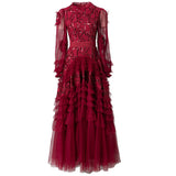 Heavy Industry Glide Round Collar Cascade Lantern Sleeves Big Wine Red Dress Women's New Autumn 2025 68HZ