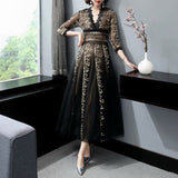 Sexy V-Neck Heavy Industry Embroidery Mesh Perspective Big Swing Dress Black Dress Women Spring And Summer 2024 68HZ
