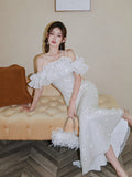 Evening Dress 2024 New Fine Shiny Piece Shoulder Dress Fishtail Dress Three-Dimensional Lotus Bra Little Dress 68HZ