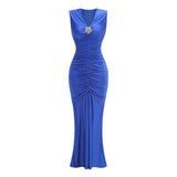 New Solid Color V-Neck Sleeveless Dress Woman High-End Sexy Tuxedo Fishtail Dress Long 68HZ