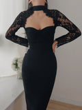 Sexy Hanging Neck Lace Dress Wish Burst Banquet Bandage Dress Autumn And Winter Long Sleeves 68HZ