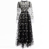 Heavy Industry Embroidery Flower Long Sleeve Mesh Perspective To Close The Waist Swing Dress Dress Dress New Women's Dress Spring And Summer 2024 68HZ