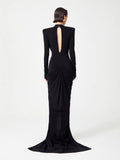 Exploding Black Long-Sleeved Hollow V-Neck Cross Dress Metal Fishtail Elegant Dress 68HZ
