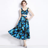 2024 Summer New Women's Retro Sleeveless Short-Wrapped Breast Sling + Printed High-Rise Half-Dress Two Sets 68HZ