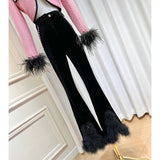 Famous Wind Rose Flower Brooch Short Ostrich Coat High Waist Water Drill Chain Velvet Trumpet Trousers 68HZ