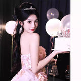 Evening Dress Engagement Birthday High-End Light Luxury Niche Adult Dress Three-Dimensional Flowers Shoulder-To-Shoulder Corset Dress 68HZ