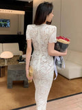 Star Of The Same Heavy Industry Nail Drill V Collar High-Waist Lace Hollow Body Repair Body Tidly Temperament Dress Female SP 68HZ