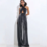 New Personalized Street Women's High-Waisted Silver Trousers Wide Leg Trousers Party Party Dress Woman 68HZ